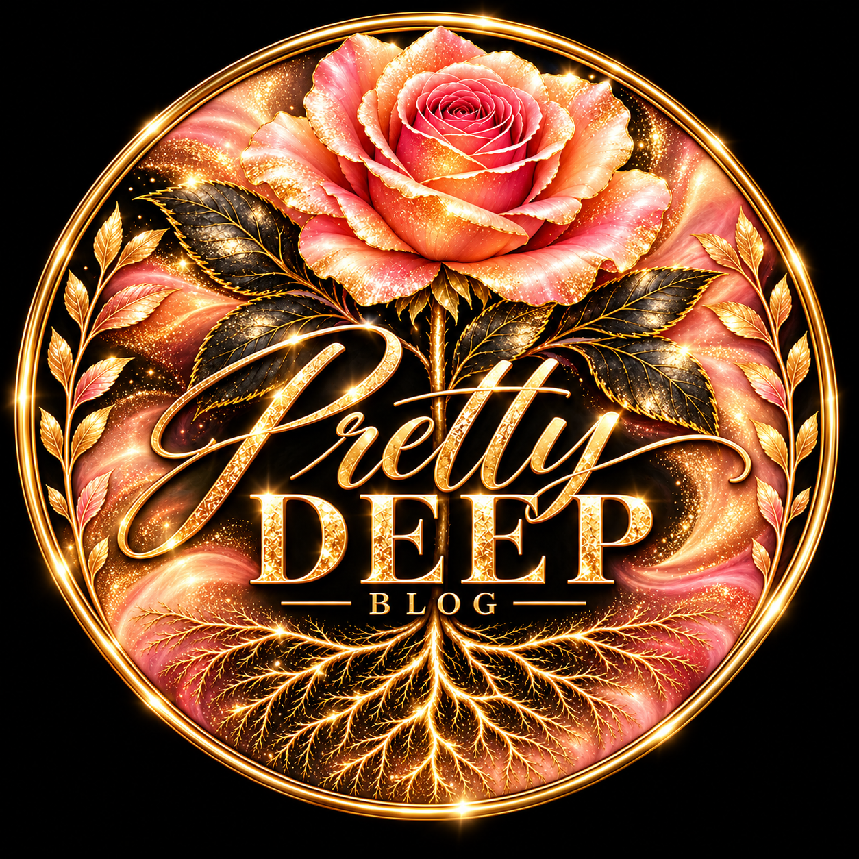 Circular Pretty Deep Blog logo with a rose-pink and pale-orange ombre rose, sparkling gold lettering and deep roots on black